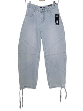 Madden NYC Light Wash Mid Rise Barrel Jeans w/ Drawstring Hem Size 0